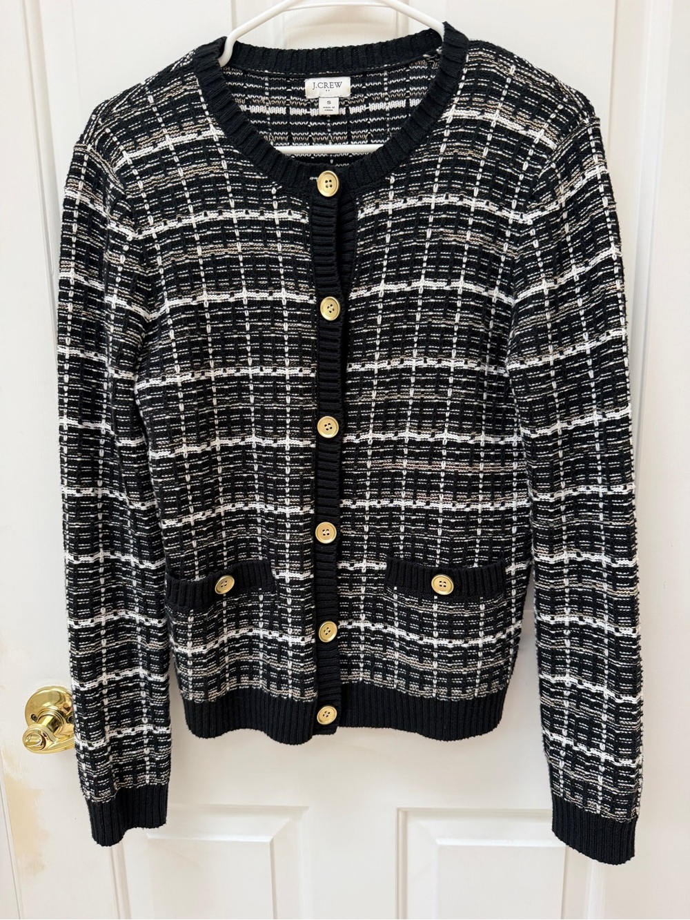🩷 J. Crew Black & White Plaid Knit Button-Front Lady Jacket Sweater Size Small